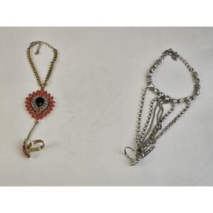 (2) Slave Bracelet Pink Faux Coral Black Rhinestone Clamper And Silver Bling